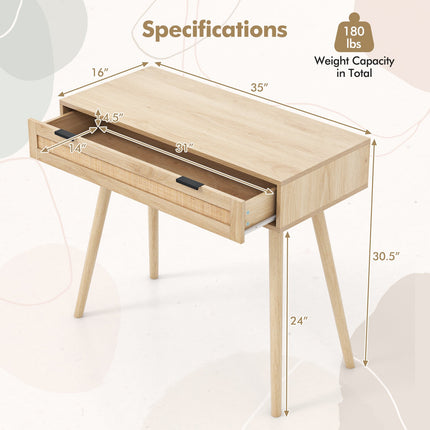 Rattan Console Table with Pull-out Drawer Boho Style Entryway Table-Natural