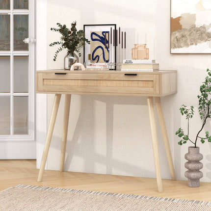 Rattan Console Table with Pull-out Drawer Boho Style Entryway Table-Natural