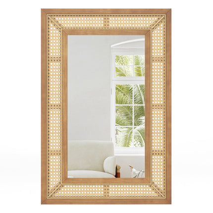 Rattan Decorative Wall Mirror with Wooden Frame for Bathroom and Living Room-Natural