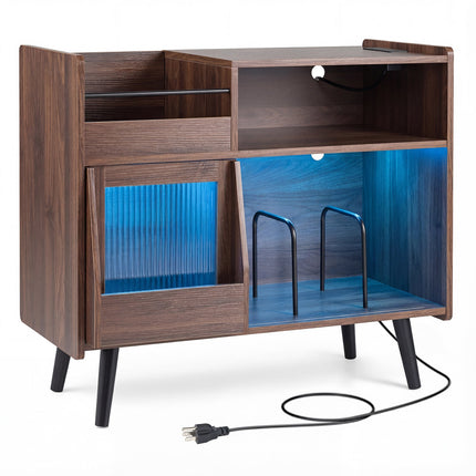 Record Player Stand with LED Light and Power Outlets Large Turntable Stand with Sliding Door-Brown
