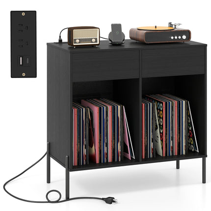 Record Player Stand with Power Outlets Double Wide Turntable Stand Vinyl Record Storage Table