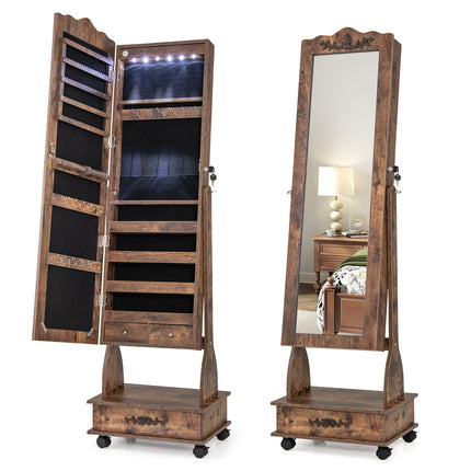 Rolling Floor Standing Mirrored Jewelry Armoire with Lock and Drawers