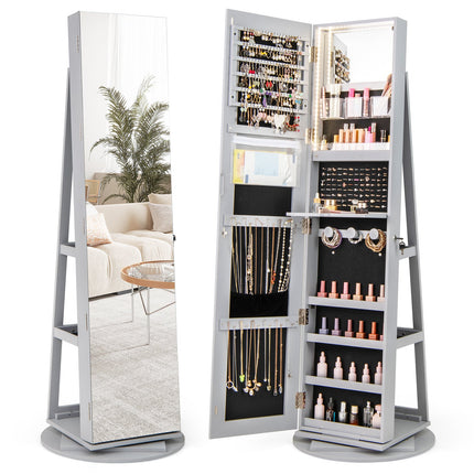 360° Rotating Mirrored Jewelry Cabinet Armoire 3 Color LED Modes Lockable
