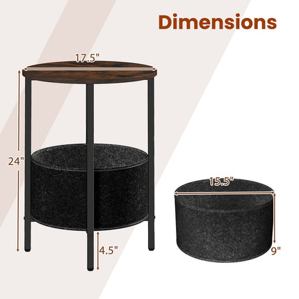 Round End Table 2-Tier Side Table with Removable Fabric Basket and Metal Frame
