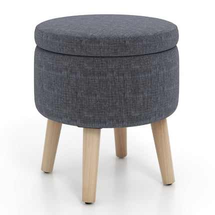 Round Storage Ottoman with Rubber Wood Legs and Adjustable Foot Pads