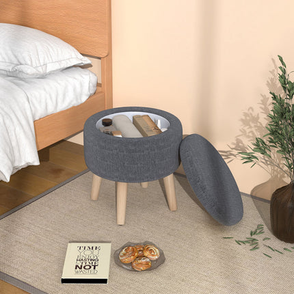 Round Storage Ottoman with Rubber Wood Legs and Adjustable Foot Pads