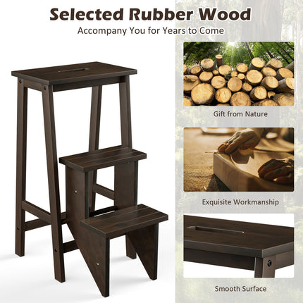 3-in-1 Rubber Wood 3 Tier Folding Step Stool Ladder Storage Shelf-Coffee