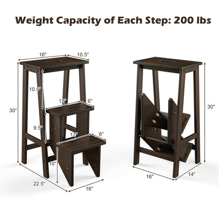 3-in-1 Rubber Wood 3 Tier Folding Step Stool Ladder Storage Shelf-Coffee