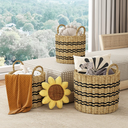 Seagrass Basket Set of 3 Stackable Storage Bins with Handles Woven Round Basket