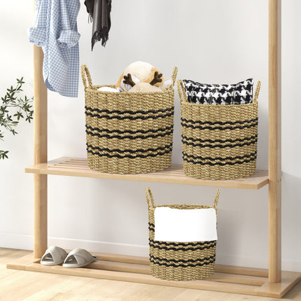 Seagrass Basket Set of 3 Stackable Storage Bins with Handles Woven Round Basket