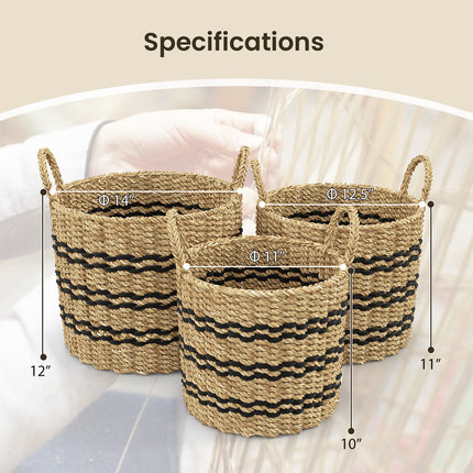 Seagrass Basket Set of 3 Stackable Storage Bins with Handles Woven Round Basket