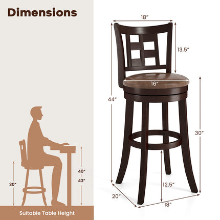 Set of 2 Bar Stools Swivel Bar Chairs with Footrest and Lattice Backrest