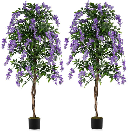 Set of 2 Fake Ficus Plant 6 FT Artificial Wisteria Tree with Natural Trunks and Purple Lifelike Flowers