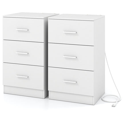 Set of 2 Nightstand with Charging Station End Table with 3 Storage Drawers Bedside Table for Bedroom