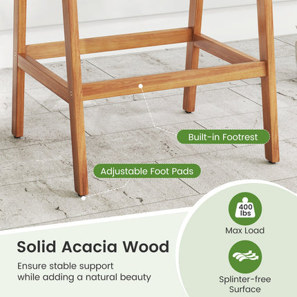 Set of 2 Patio Acacia Wood Counter Height Bar Stools with Cushions and PE Wicker Backrests Footrests-Gray