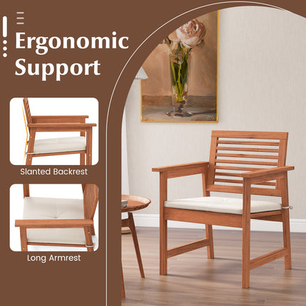 Set of 2 Patio Solid Wood Dining Chairs with Cushions and Slatted Seat