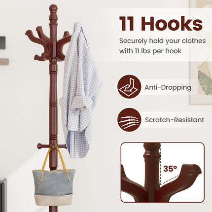Solid Wood Hall Tree with 11 Hooks and 3 Height Options for Entryway
