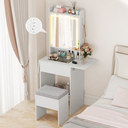 Space-saving Vanity Desk with Mirror and Lights for Bedroom
