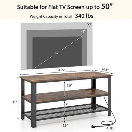 Industrial TV Stand up to 50 Inches with Power Outlets and USB Ports-Rustic Brown