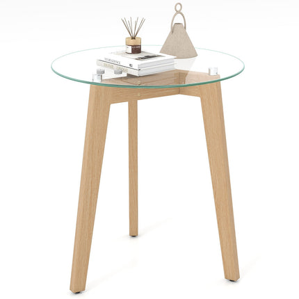 Tempered Glass End Table Round with Solid Rubber Wood Structure