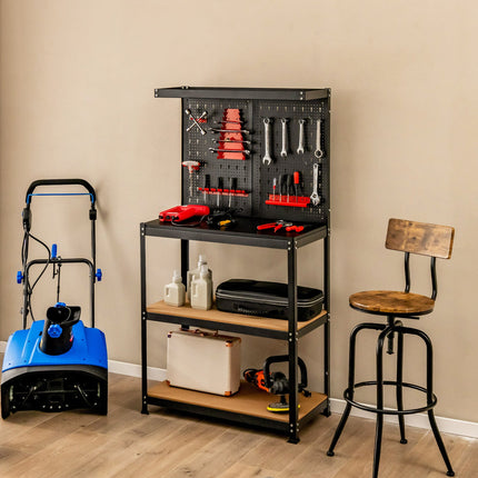 Tool Storage Workbench with Peg Board 2 Lower Shelves 14 Hanging Accessories-Black
