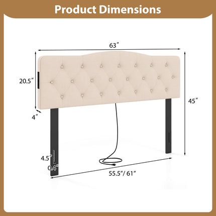 Tufted Upholstered Head Board for Queen and Full Size Bed with 2 AC Outlets