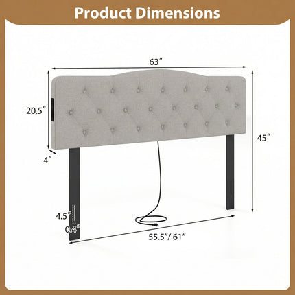 Tufted Upholstered Head Board for Queen and Full Size Bed with 2 AC Outlets