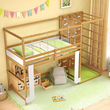 Twin Bunk Bed with Jungle Gym Wooden Loft Bed with Climbing Ladder-Natural