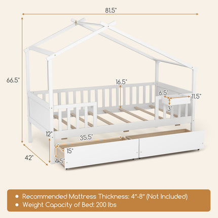 Twin House Bed with 2 Storage Drawers and Roof & Fence Rails