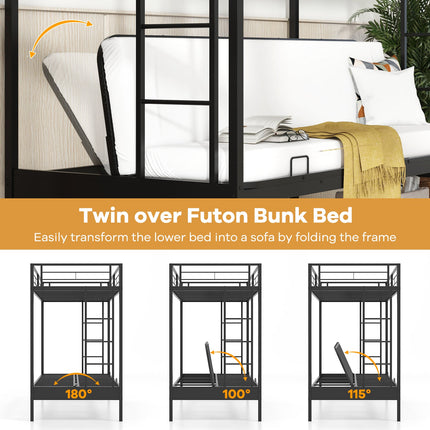 Twin Over Futon Bunk Bed with 2 Ladders and Safety Guardrails-Black