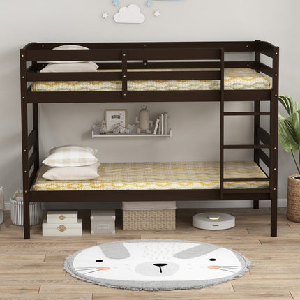 Solid Wood Twin Over Twin Bunk Bed Frame with High Guardrails and Integrated Ladder