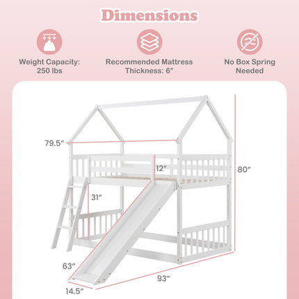 Twin Over Twin House Bunk Bed with Slide and Ladder-White