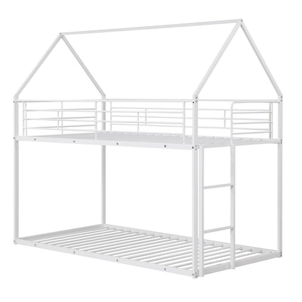 Twin Over Twin Metal Bunk Bed with Roof and Ladder