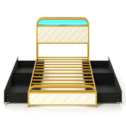 Twin/Full/Queen Size Bed Frame with LED Lights and Charging Station Gold