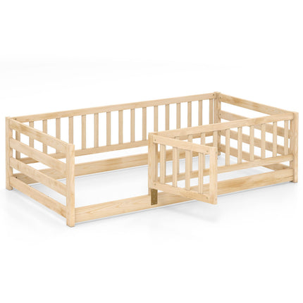 Twin Size Floor Bed with High Fence and Door Playhouse for Kids