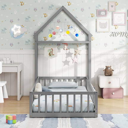 Twin Size House Floor Bed with House-shaped Headboard