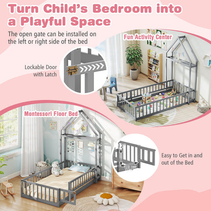 Twin Size House Floor Bed with House-shaped Headboard