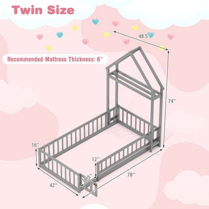 Twin Size House Floor Bed with House-shaped Headboard