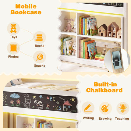 Twin Size Kids Loft Bed with LED Lights and Removable Bookcase