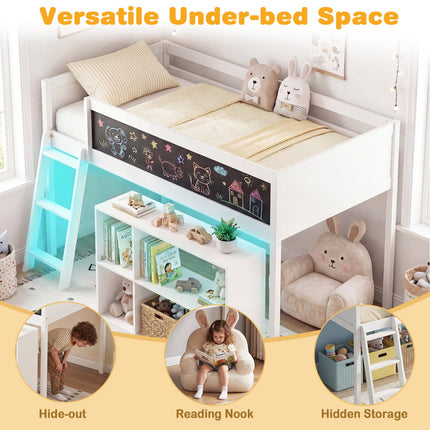 Twin Size Kids Loft Bed with LED Lights and Removable Bookcase