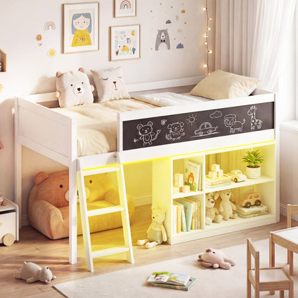 Twin Size Kids Loft Bed with LED Lights and Removable Bookcase