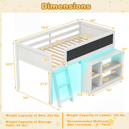 Twin Size Kids Loft Bed with LED Lights and Removable Bookcase