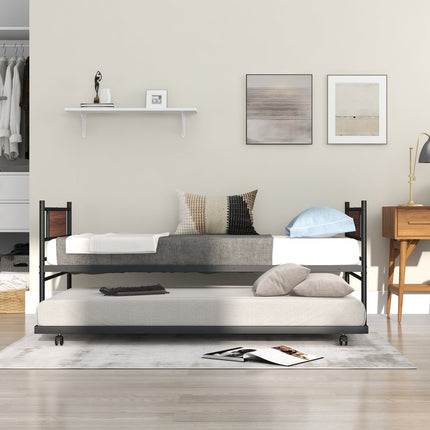 Twin Size Metal Daybed with Trundle and Wood Grain Headboard