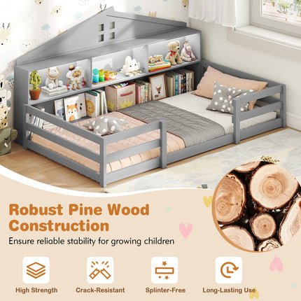 Twin Size Montessori Floor Bed with Storage Compartments and Shelf