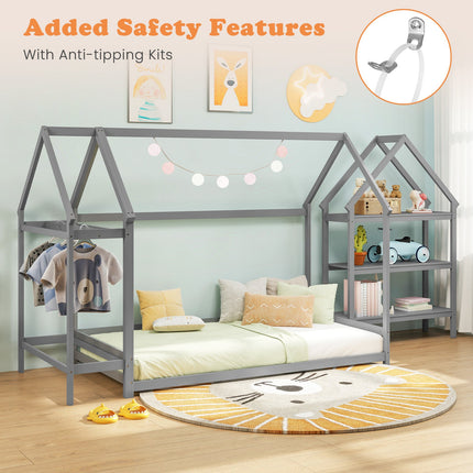 Twin Size Montessori Floor House Bed with Detachable Storage Shelves
