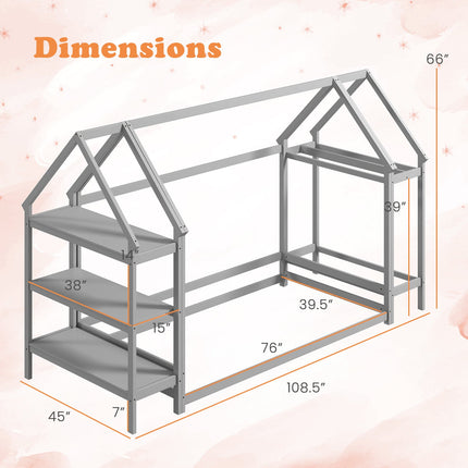 Twin Size Montessori Floor House Bed with Detachable Storage Shelves