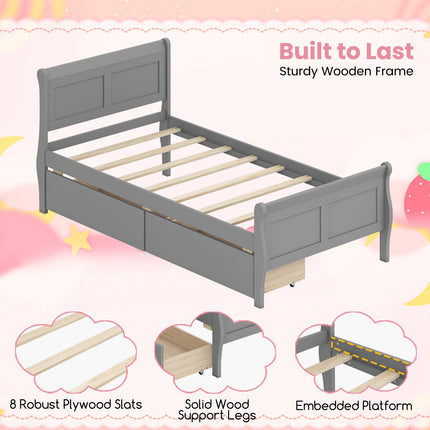 Twin Size Sleigh Bed with 2 Storage Drawers Wood Platform Bed Frame