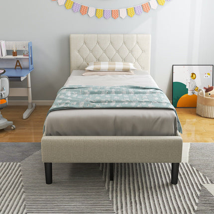 Twin Size Upholstered Platform Bed with Button Tufted Headboard-Beige