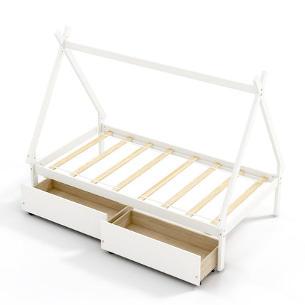 Twin Size Wooden Tent Platform House Bed with 2 Drawers