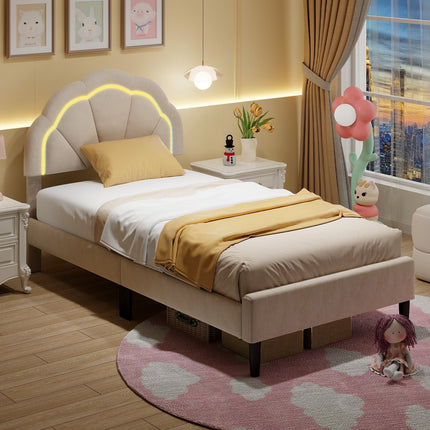 Upholstered LED Bed Frame with Adjustable Flower Headboard and Metal Support Feet-Twin Size